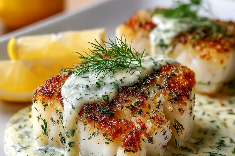 Fresh cod fillets, Greek yogurt, lemons, fresh dill, capers, and seasonings arranged on a marble cutting board