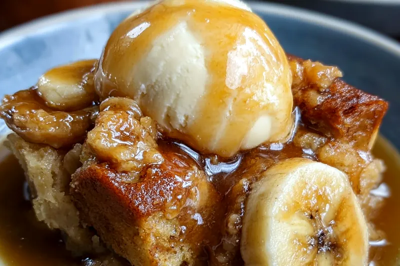 Bananas caramelizing in skillet with brown butter and sugar, showing the golden bubbling caramel coating the banana slices perfectly