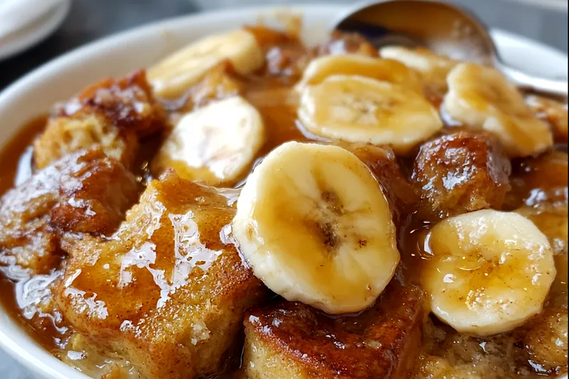 Ingredients for bananas foster bread pudding including cubed brioche, ripe bananas, cream, eggs, brown sugar, and rum arranged on marble counter