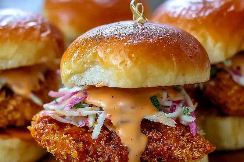 Ingredients for bang bang chicken sliders including raw chicken thighs, brioche buns, sauces, coleslaw mix, and spices arranged on a kitchen counter