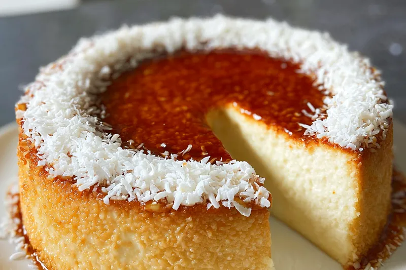 Brazilian coconut flan baking in a water bath showing the golden custard setting in the oven