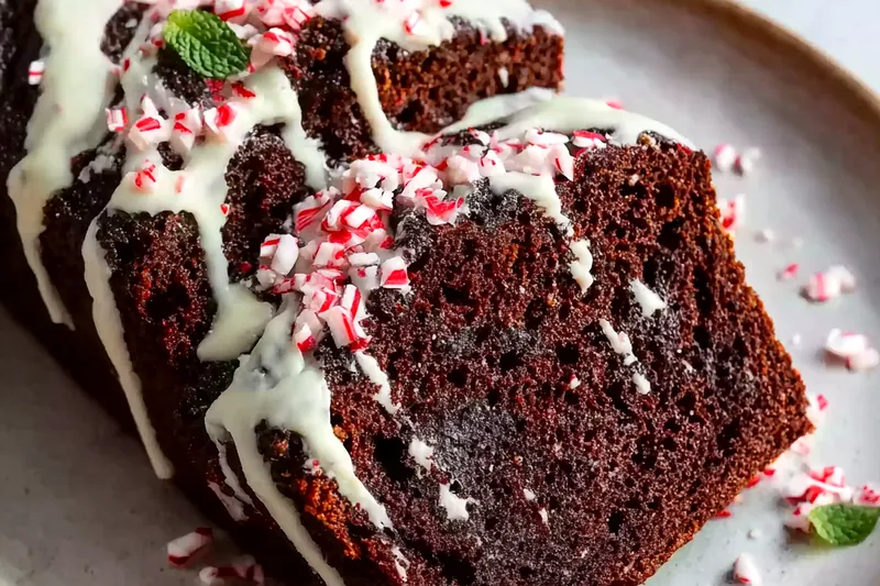 Chocolate peppermint bread baking in the oven with golden top forming, showing perfect rise and color