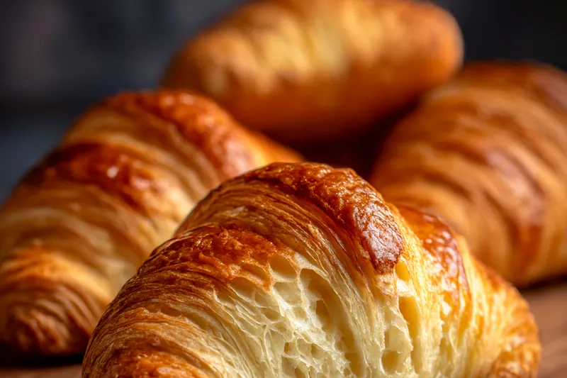 High-quality croissant ingredients including European butter block, bread flour, fresh yeast, and milk arranged on marble pastry surface with rolling pin