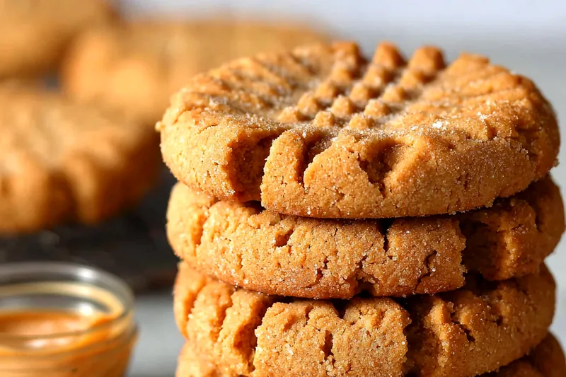 Peanut butter cookie dough balls being pressed with a fork to create the classic crosshatch pattern before baking