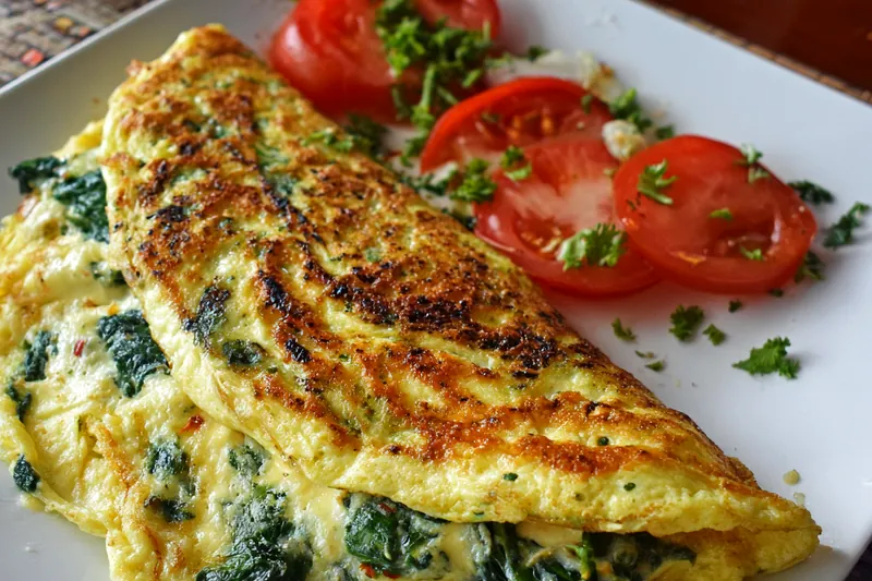 Fresh ingredients for spinach cheese omelette including eggs, baby spinach, grated cheese, butter, and seasonings arranged on a marble counter