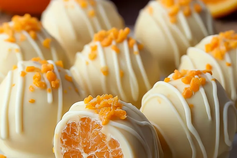 Ingredients for Creamsicle truffles including cream cheese, butter, powdered sugar, fresh oranges, white chocolate chips, and vanilla extract arranged on a white counter