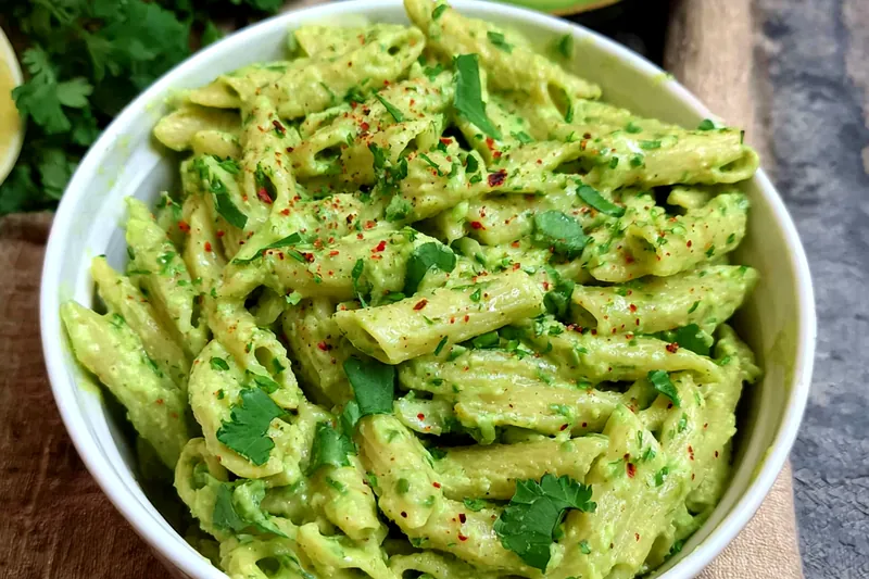Ripe avocados being blended with fresh herbs and lemon juice in a food processor to create smooth, green pasta sauce
