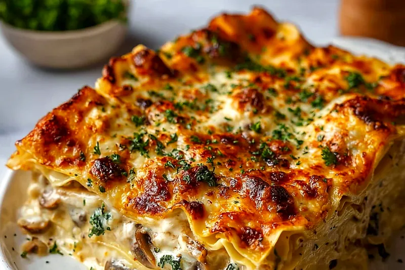Ingredients for mushroom lasagna including mixed mushrooms, lasagna noodles, cheeses, milk, and fresh herbs arranged on marble kitchen counter