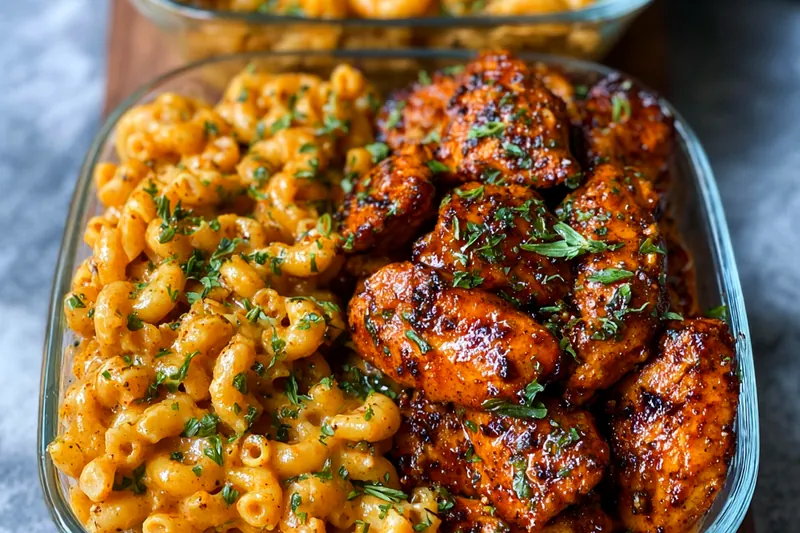 Ingredients for chicken mac and cheese including chicken thighs, various cheeses, pasta, bacon, and seasonings arranged on a wooden cutting board