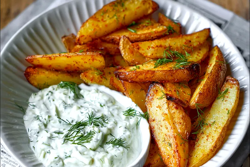 Fresh russet potatoes, olive oil, spices, Greek yogurt, cucumber, and fresh herbs arranged on a marble countertop