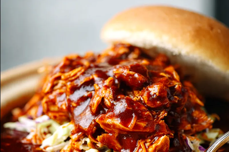 Crockpot BBQ chicken ingredients including raw chicken, ketchup, brown sugar, spices, and vegetables arranged on kitchen counter with slow cooker