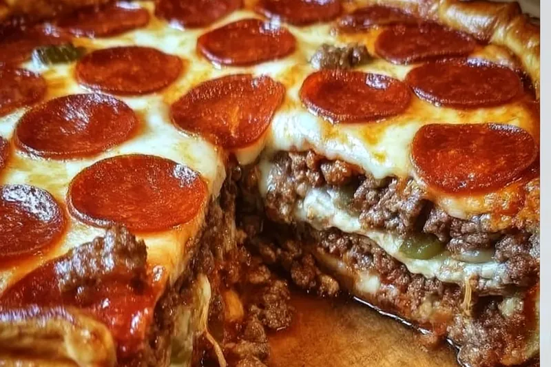 Ground beef and Italian sausage browning in a large skillet with vegetables being added, showing proper browning technique for deep flavor