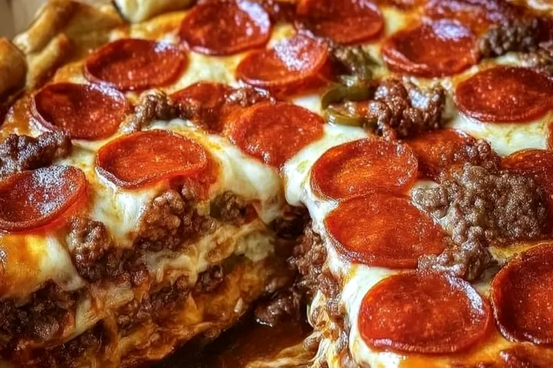 Raw ingredients for deep hamburger sausage casserole including ground beef, Italian sausage, bell peppers, cheese, and egg noodles arranged on a wooden cutting board