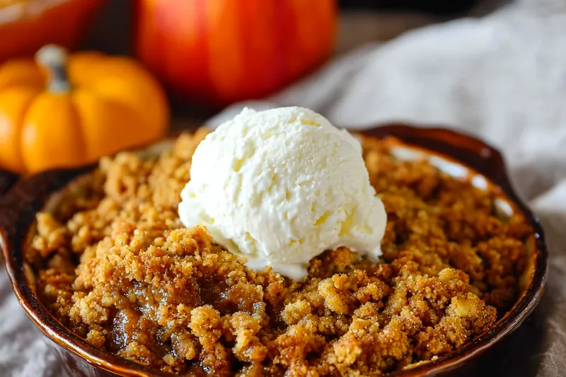 Pumpkin crisp baking in the oven with golden-brown oat topping, showing the perfect doneness with slightly jiggly center