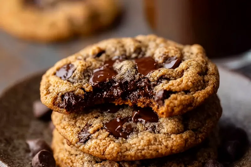 Espresso chocolate chip cookie ingredients including instant espresso powder, dark chocolate chips, brown sugar, and butter arranged on marble counter