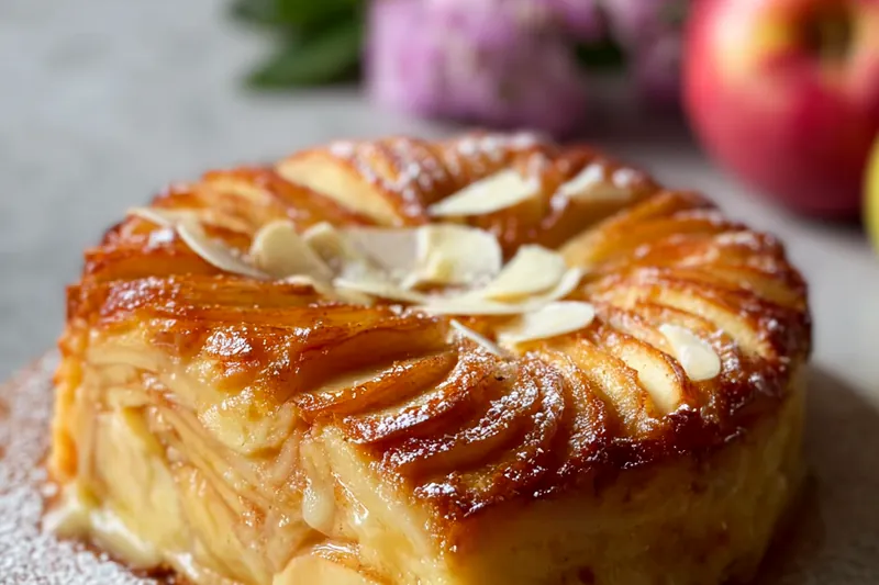 French apple cake baking in the oven with golden-brown top and caramelized apples visible, showing perfect color and rise
