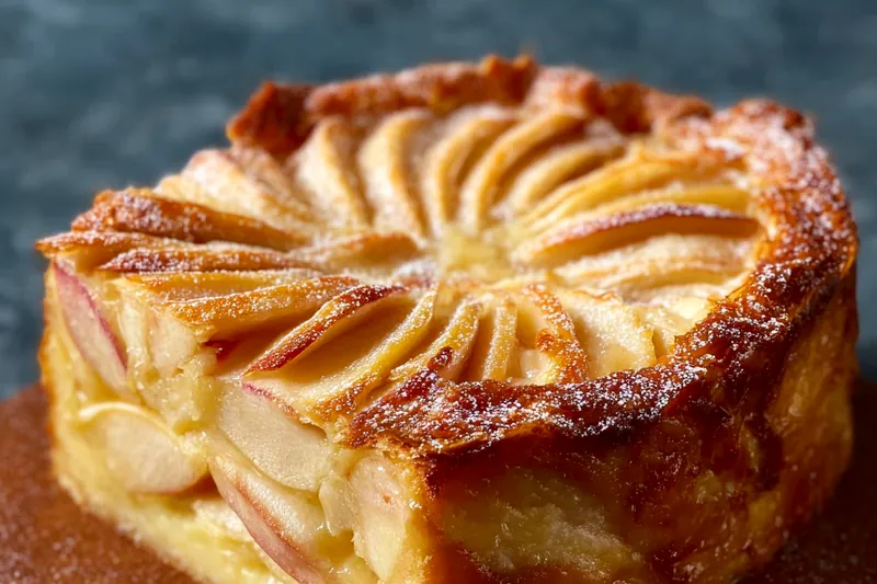 Fresh ingredients for French apple cake including peeled apples, eggs, flour, butter, vanilla extract, and sugar arranged on a marble surface with French linens