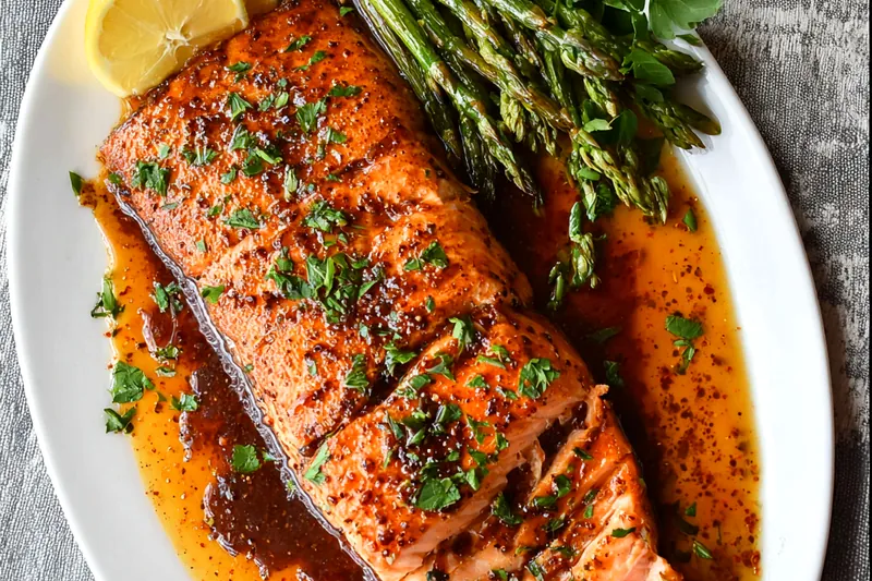 Salmon fillets being glazed with glossy brown sugar soy sauce mixture in a hot skillet, showing the caramelization process