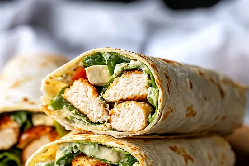 Grilled chicken breast being sliced into strips with caesar dressing and chopped romaine lettuce prepared nearby for assembly