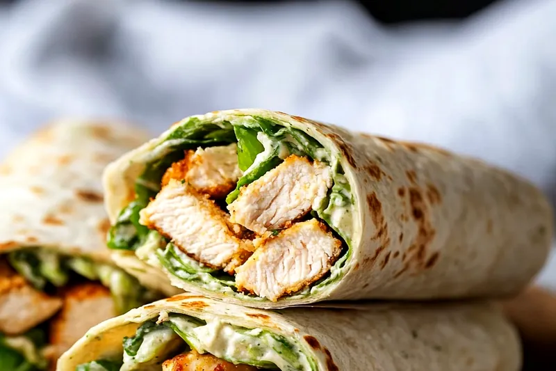 Ingredients for chicken caesar wraps including grilled chicken, romaine lettuce, parmesan cheese, tortillas, and caesar dressing components on a wooden board