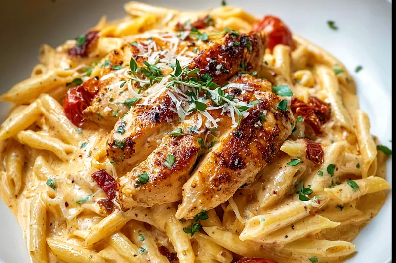 Golden seared chicken pieces in a skillet with creamy sauce being stirred, showing the perfect cooking technique for marry me chicken pasta