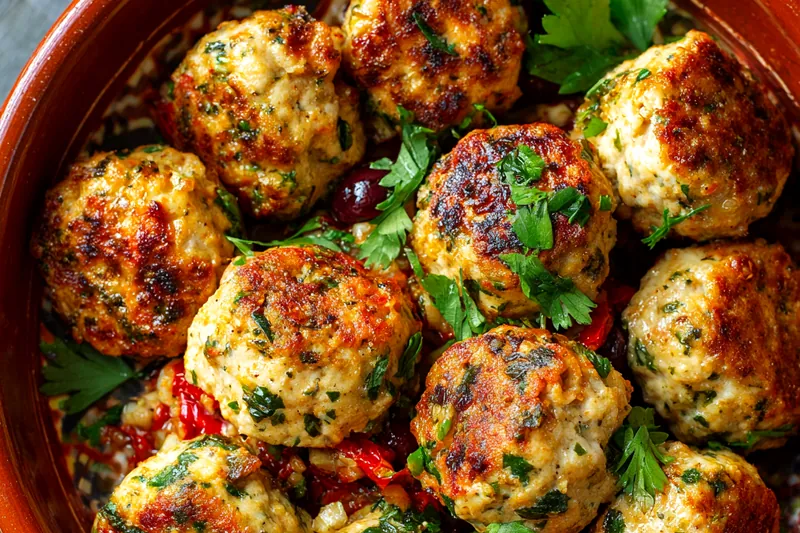 Mediterranean ingredients for chicken meatballs including ground chicken, fresh herbs, feta cheese, olives, and tomatoes arranged on rustic wooden board