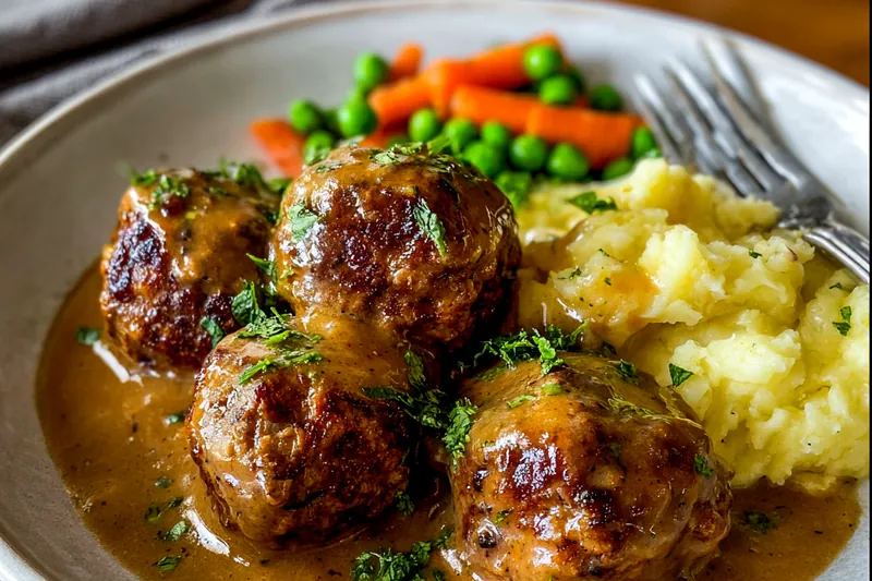 Golden lamb meatballs being simmered in bright green mint gravy in a large skillet, showing the cooking process