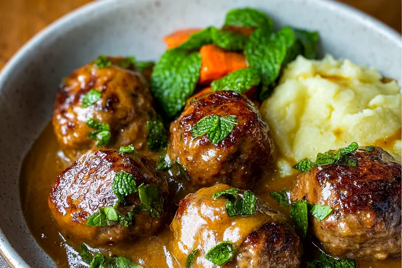 Ingredients for lamb meatballs with mint gravy including ground lamb, fresh mint, Greek yogurt, spices, and aromatics arranged on a marble surface