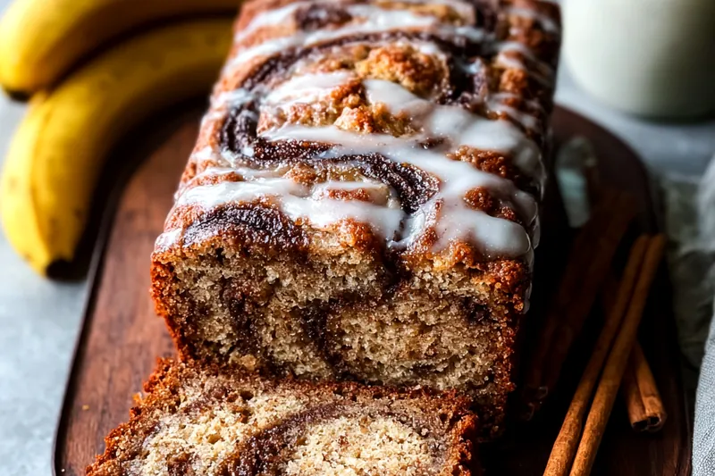 Ingredients for cinnamon swirl banana bread including overripe spotted bananas, cinnamon, brown sugar, flour, and baking essentials arranged on a kitchen counter