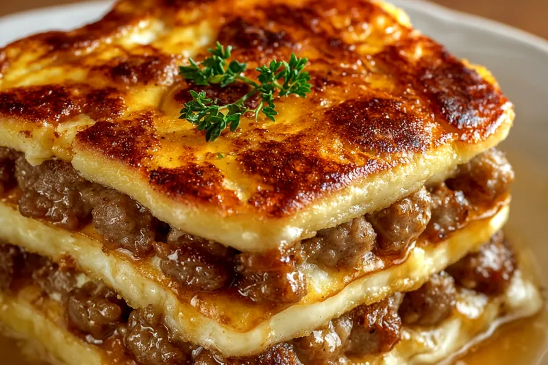 Breakfast casserole ingredients including pancake mix, breakfast sausage, eggs, cheese, and vegetables arranged on kitchen counter
