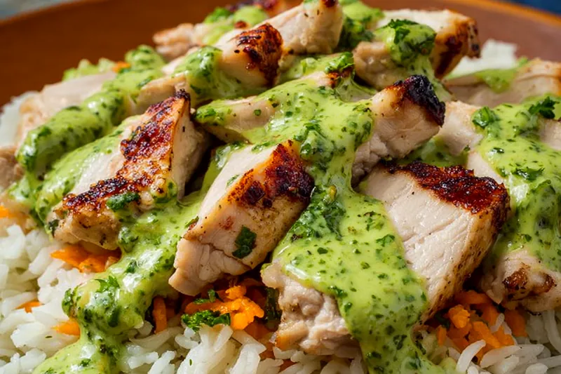 Golden-brown chicken pieces nestled in aromatic cilantro-flecked rice in a large Dutch oven, steam rising, with green sauce in a bowl nearby