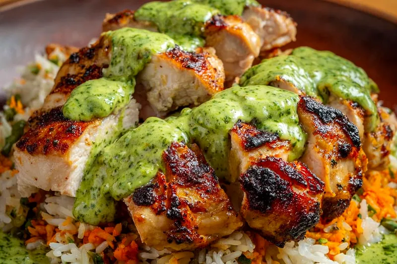 Fresh ingredients for Peruvian chicken including raw chicken pieces, cilantro bunches, jalapeños, limes, rice, and colorful bell peppers on a wooden board
