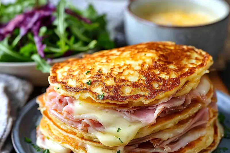 Golden-brown ham and cheese pancakes cooking on a griddle, showing perfect bubbling surface ready to flip