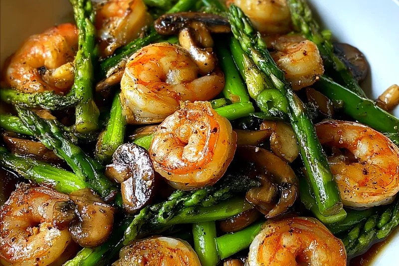 Shrimp and asparagus stir-frying in a hot wok with steam rising, showing the high-heat cooking technique and glossy sauce coating