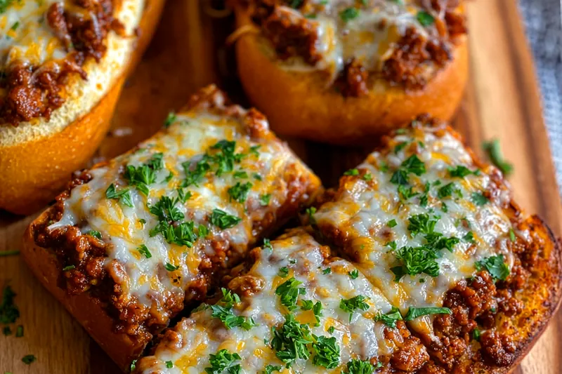 Fresh French bread, ground beef, onions, bell peppers, tomato sauce, garlic, butter, and shredded cheese arranged on a wooden cutting board