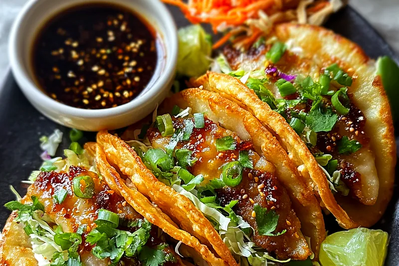 Ingredients for smash dumpling tacos including ground pork, dumpling wrappers, fresh vegetables, and Asian seasonings arranged on a bamboo cutting board