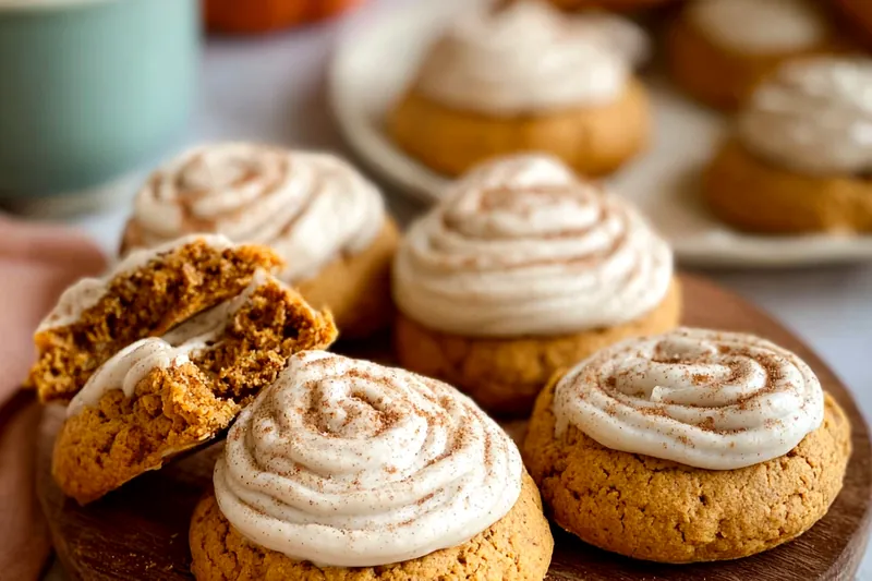 Soft pumpkin cookies on parchment-lined baking sheet showing perfect golden color and pillowy texture, with piping bag of cream cheese frosting nearby