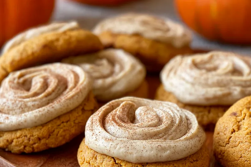 Soft pumpkin cookie ingredients including pumpkin puree, warm spices, flour, and cream cheese frosting components arranged on autumn-themed backdrop