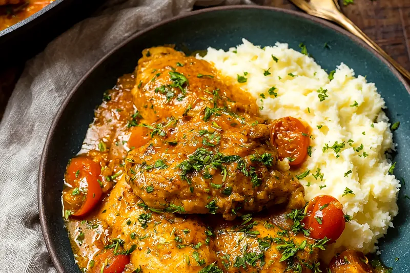 Golden-brown chicken pieces browning in a Dutch oven with caramelized onions cooking in the background, showing the perfect searing technique