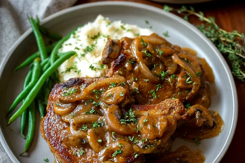 Golden-brown pork chops being nestled into rich, bubbling onion gravy in a Dutch oven, showing the smothering technique