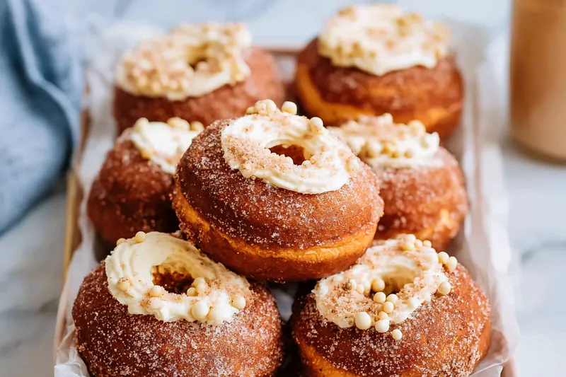 Baking ingredients for spiced cheesecake doughnuts including flour, spices, cream cheese, eggs, and yeast arranged on a marble surface
