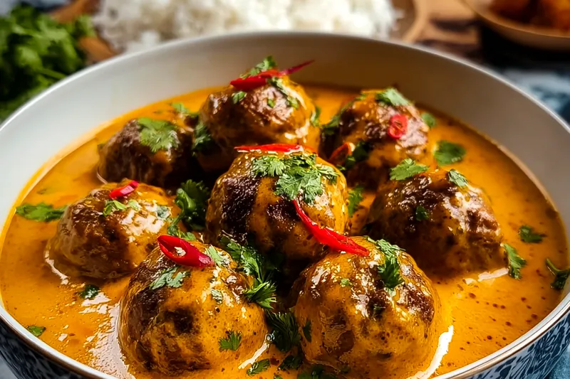 Golden-brown meatballs being gently simmered in aromatic curry sauce with visible spices and herbs in a traditional heavy-bottomed pot