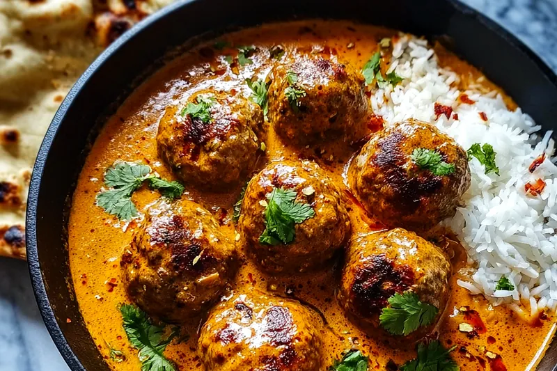 Ingredients for Indian meatballs including ground meat, aromatic spices, fresh ginger, garlic, coconut milk, and tomatoes arranged on a wooden board