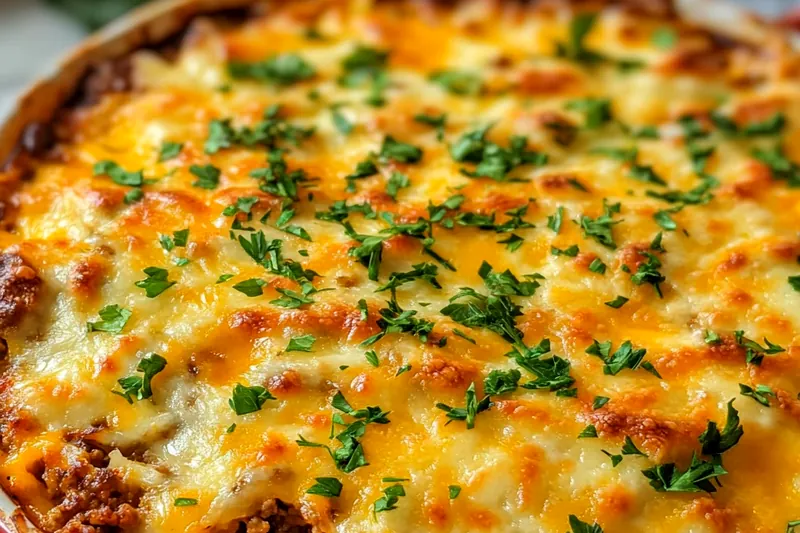 Stuffed pepper casserole bubbling in the oven with melted cheese on top, showing the perfectly cooked rice and vegetable mixture