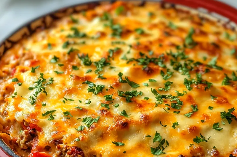 Ground beef, colorful bell peppers, rice, diced tomatoes, beef broth, and shredded cheese arranged on a kitchen counter